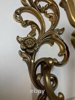 2 Vintage Syroco Ornate Gold Tone Arm Candle Wall Sconces Hollywood Regency EXC