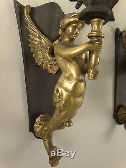(2) Vintage VICTORIAN Style WINGED Mermaid NUDE LADY Figural BRASS Wall SCONCES