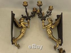 (2) Vintage VICTORIAN Style WINGED Mermaid NUDE LADY Figural BRASS Wall SCONCES
