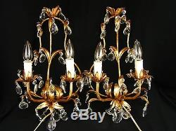 2 Vtg Gilt Gold Tole Leaf Wall Sconce Lights Hanging Prisms Hollywood Regency(N)