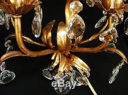 2 Vtg Gilt Gold Tole Leaf Wall Sconce Lights Hanging Prisms Hollywood Regency(N)