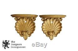 2 Vtg Hollywood Regency Scallop Shell Wall Hanging Shelves Sconces Gold Painted