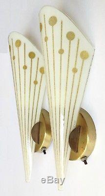 2 vtg 1950s Lightolier wall sconces brass with 15 white & gold fused glass shades