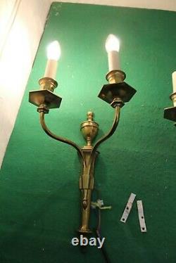 3X Vintage Gilt Bronze Twin Branch Regency Style Wall Lights Stamped B&L