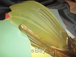 3 ANTIQUE ART DECO CITRINE AMBER GLASS SLIP SHADE WALL SCONCES GOLD CAST METAL
