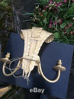 3 Antique 1940 Gold Feather Prince Of Wales Wall Light Fittings Sconces
