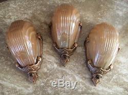 3 Art Deco Antique Glass Slip Shades Wall Sconces by Markel each