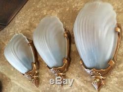3 Art Deco Antique White Frosted Glass Slip Shades Wall Sconces by Markel each