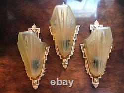 3 Art Deco Markel Antique Etched Yellow Slip Shade Glass Wall Sconces Fixture