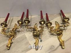 3 Rare Vintage French Brass Bronze Empiry Style Wall Lamps Sconce Red scabbard