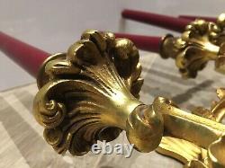 3 Rare Vintage French Brass Bronze Empiry Style Wall Lamps Sconce Red scabbard