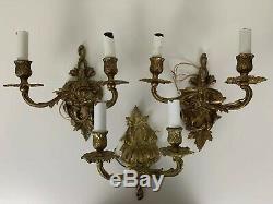 3 Vintage Antique Gilt Bronze Cast Iron Rococo Wall Sconce Light Fixtures Spain