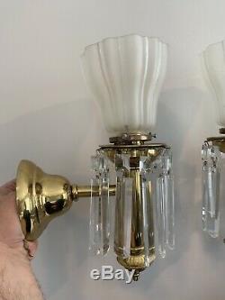4 2 PAIR Antique 1910 Brass Crystal Wall Sconce Vintage Lighting Lustre