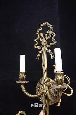 4 Vintage Ribboned Louis XV Style Gilt Brass Wall Sconces French Rococo Light