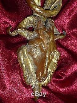 Antique French Bronze Gilded Goat Head Wall Lamp Sconce Decor
