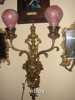 ANTIQUE FRENCH LARGE BRONZE WALL SCONCE LIGHT LAMP WithLEGRAS CAMEO GLASS SHADES