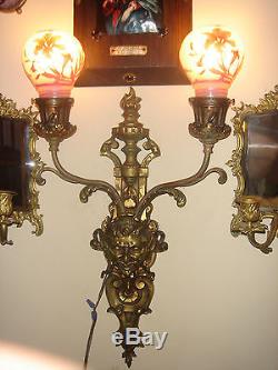 ANTIQUE FRENCH LARGE BRONZE WALL SCONCE LIGHT LAMP WithLEGRAS CAMEO GLASS SHADES