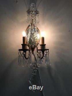 ANTIQUE FRENCH MIRRORED BRASS & CRYSTAL CHANDELIER SCONCE WALL LAMP w MIRROR