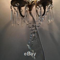 ANTIQUE FRENCH MIRRORED BRASS & CRYSTAL CHANDELIER SCONCE WALL LAMP w MIRROR