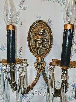 ANTIQUE PAIR CHERUB PUTTI BRASS WALL SCONCES WithPRISMS + GOLD DRIP CANDLELIGHTS