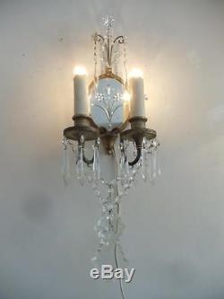 Antique Shabby French Chic Mirrored Brass & Crystal Chandelier Sconce Wall Lamp