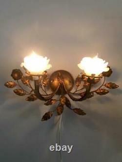 ANTIQUE VTG ITALIAN GOLD METAL TOLE SCONCE WALL LAMP w GLASS FLOWER PETAL SHADE
