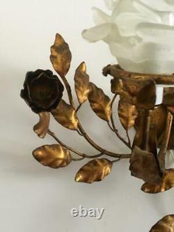 ANTIQUE VTG ITALIAN GOLD METAL TOLE SCONCE WALL LAMP w GLASS FLOWER PETAL SHADE