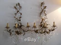 ANTIQUE VTG ITALIAN GOLD TOLE CHANDELIER SCONCE WALL LAMP PAIR w FRENCH CRYSTALS