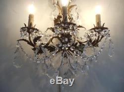 ANTIQUE VTG ITALIAN GOLD TOLE CHANDELIER SCONCE WALL LAMP PAIR w FRENCH CRYSTALS