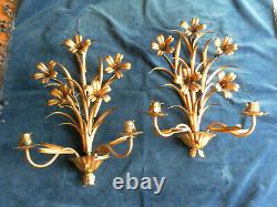ANT VTG PAIR ITALIAN FLORAL TOLE WALL SCONES With LIGHTS HOLLYWOOD REGENCY STYLE