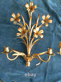ANT VTG PAIR ITALIAN FLORAL TOLE WALL SCONES With LIGHTS HOLLYWOOD REGENCY STYLE