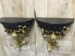 A Pair Of Empire Style Opulent Gold & Black Monkey Ape Wall Sconce Shelf