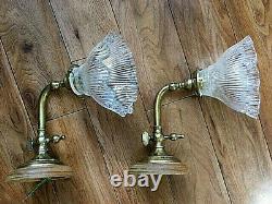 A Pair of Brass Vintage Wall Lights with Ribbed Glass Shades