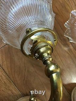 A Pair of Brass Vintage Wall Lights with Ribbed Glass Shades