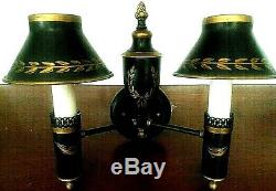 A Pair of Vintage Black & Gold Toleware Wall Sconces Double Arm Mid Century Lamp