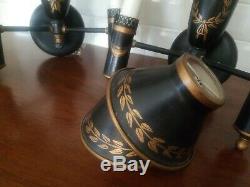 A Pair of Vintage Black & Gold Toleware Wall Sconces Double Arm Mid Century Lamp