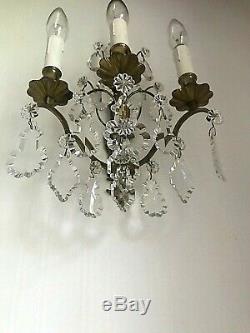 A pair Antique French crystal prisms pendants gilded bronze 3 light wall sconces