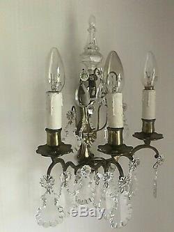 A pair Antique French crystal prisms pendants gilded bronze 3 light wall sconces