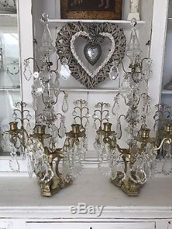 A pair French Glass prisms wall Sconces Crystal lamps MCM Hollywood Regency