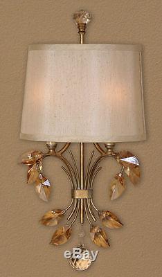Acanthus Leaf Crystal Wall Sconce Antique Gold 2 Light Metal Lighting French New