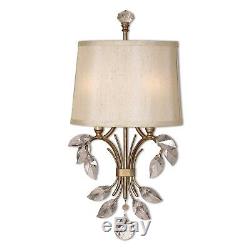 Alenya 2 Light Wall Sconce with Gold Teak Crystal Leaves & Silk Fabric Shade