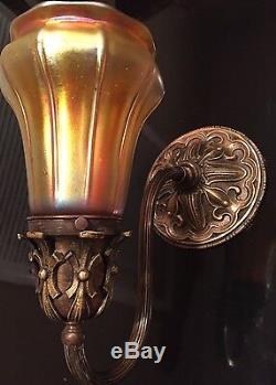 Amazing Pair Of Wall Sconces Lamps with Steuben Gold Shades