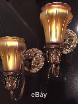 Amazing Pair Of Wall Sconces/Lamps with Steuben Gold Shades Quezal Tiffany Era