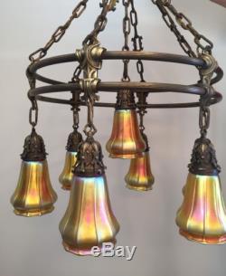 Amazing Pair Of Wall Sconces /Lights with Steuben Gold Shades Quezal Tiffany Era