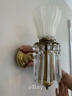Antique 1910 Brass Crystal Wall Sconce Pair Vintage Lighting Victorian Lustre