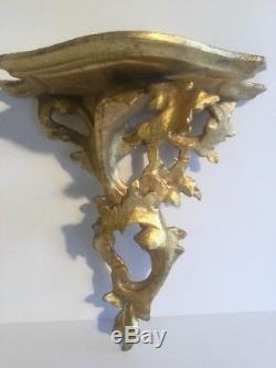 Antique 1950s Pair of Italian Carved Wood Gilt Wall Sconces Shelves Brackets