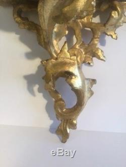 Antique 1950s Pair of Italian Carved Wood Gilt Wall Sconces Shelves Brackets