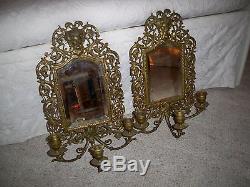 Antique 19thC Pair Victorian Brass Wall Sconce Beveled Mirror Candelabras Holder