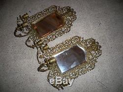 Antique 19thC Pair Victorian Brass Wall Sconce Beveled Mirror Candelabras Holder