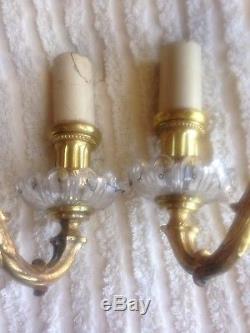Antique 19th C French Brass Bronze Ribbon Light Wall Sconces With Glass Bobeches